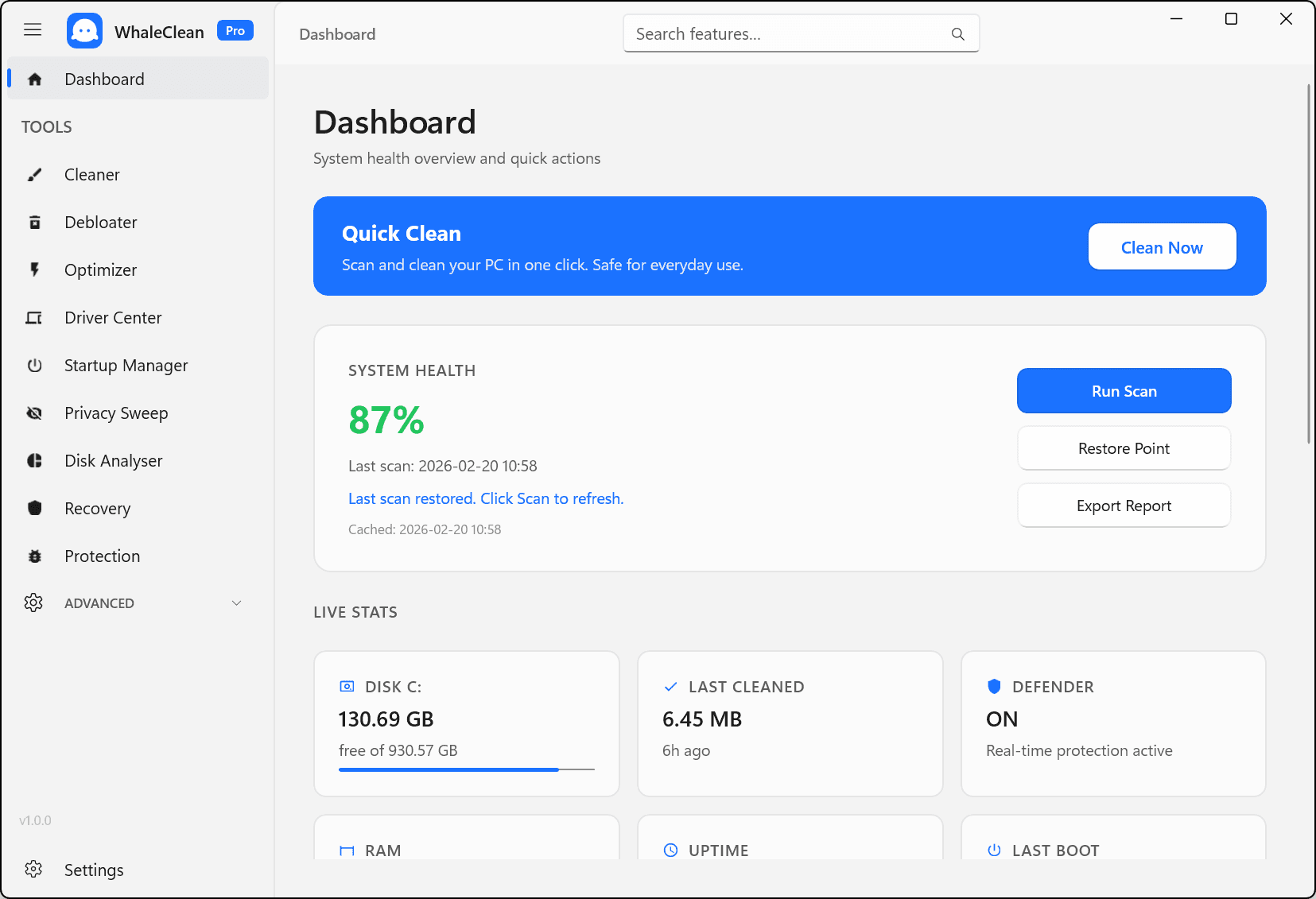 WhaleClean app — Dashboard view